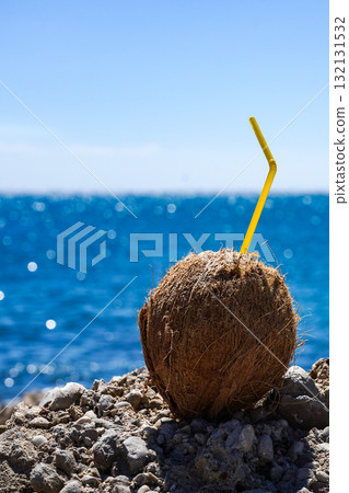 A Coconut Sitting on a Rocky Shoreline with a Straw Against a Bright Blue Ocean Horizon A Coconut Sitting on a Rocky Shoreline with a Straw Against a Bright Blue Ocean Horizon 132131532