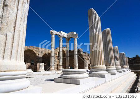 Exploring the Ancient Ruins: A Stunning View of Tall Columns Beneath a Clear Blue Sky, Showcasing the Magnificence of Historical Architecture Exploring the Ancient Ruins: A Stunning View of Tall Columns Beneath a Clear Blue Sky, Showcasing the Magnificence of Historical Architecture 132131586