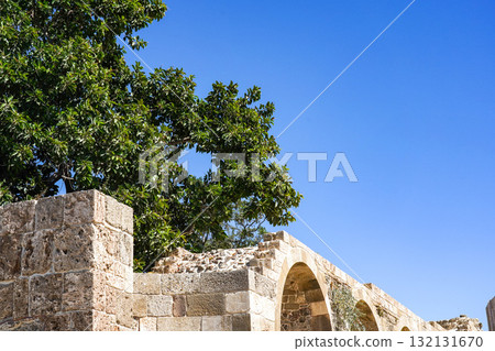A Beautiful Stone Arc Overgrown with Trees Under a Clear Blue Sky, Highlighting Nature's Return to Ancient Architecture 132131670