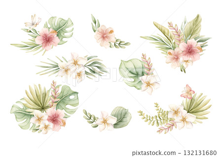 Tropical Hibiscus Plumeria Monstera Palm leaves arrangements set. Exotic African jungle flowers plants Watercolor hand painted summer floral isolated illustration on white background cute nursery baby Tropical Hibiscus Plumeria Monstera Palm leaves arrangements set. Exotic African jungle flowers plants Watercolor hand painted summer floral isolated illustration on white background cute nursery baby 132131680