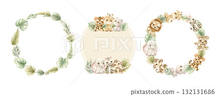 Cute Animals Plant Wreath Set. Safari Jungle Tropical Exotic leaves Watercolor hand painted summer pastel neutral isolated illustration on white background for nursery kids baby shower card logo label 132131686