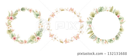 Tropical Exptic Leaves Flowers Butterfly Dragonfly Wreaths Set. Watercolor hand painted summer floral pastel neutral isolated illustration on white background for nursery kids baby card logo label 132131688