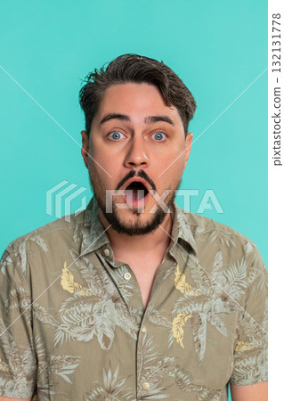 Adult man raising eyebrows opening mouth widening eyes in sudden surprise shock with extreme emotion Adult man raising eyebrows opening mouth widening eyes in sudden surprise shock with extreme emotion 132131778
