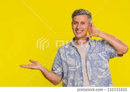 Man gesturing call me with hand sign and pointing to side as invitation to contact or communicate Man gesturing call me with hand sign and pointing to side as invitation to contact or communicate 132131832