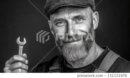 Smiling European mechanic holding a wrench in black and white portrait with strong lighting and shallow depth of field Smiling European mechanic holding a wrench in black and white portrait with strong lighting and shallow depth of field 132131976