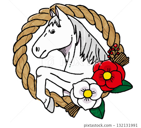 New Year's illustration of a white horse and a shimenawa rope New Year's illustration of a white horse and a shimenawa rope 132131991