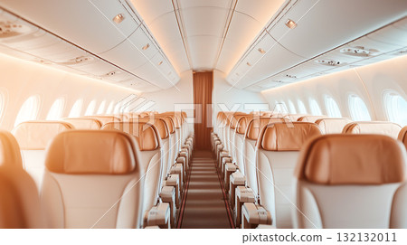 Luxurious airplane interior with spacious seating and warm lighting 132132011