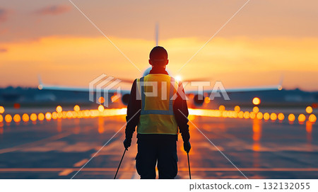 ground crew member directing airplane at sunset on runway 132132055
