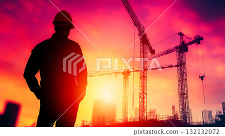 construction worker silhouetted against vibrant sunset with cranes construction worker silhouetted against vibrant sunset with cranes 132132072