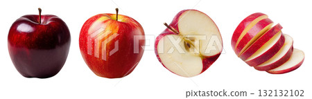 Set isolated fresh fruit, ripe red apple in various style, whole, half cut, and sliced, on transparent background. 132132102