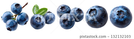 Set isolated fresh fruit, ripe blueberry in various style, on transparent background. 132132103