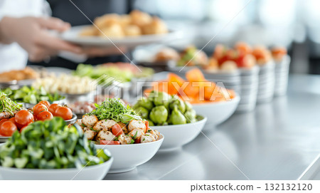 Fresh salads and colorful dishes arranged in buffet setting 132132120