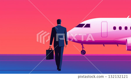 business traveler walks towards plane at sunset, ready for departure business traveler walks towards plane at sunset, ready for departure 132132121