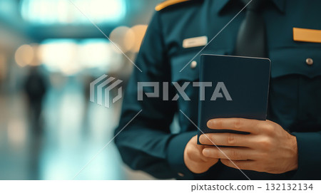 Close up of security officer holding passport at airport 132132134