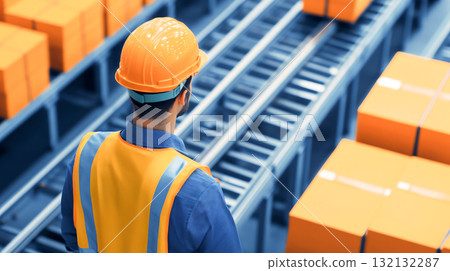 Efficient worker overseeing conveyor line with orange boxes in warehouse 132132287