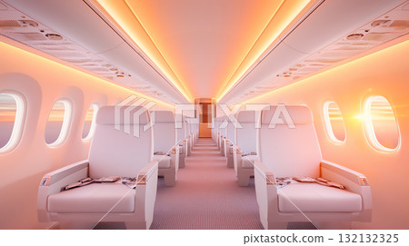 Modern airplane interior with soft lighting and empty seats 132132325