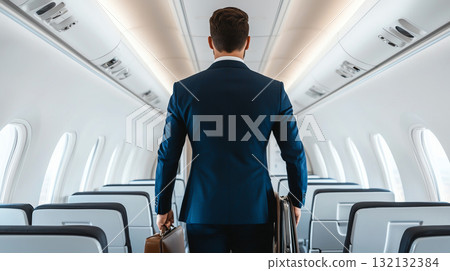Business traveler in suit boarding plane with briefcases in hand 132132384