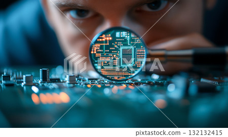 Electrical engineer examining circuit boards with magnifying glass 132132415