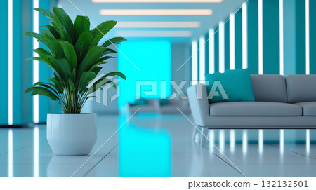 Modern lounge area with plant and stylish furniture in bright space 132132501