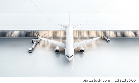 Aerial view of modern airplane at airport terminal with jet bridges 132132560