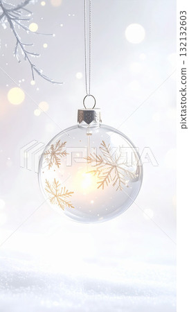 Delicate transparent glass Christmas ornament ball, golden snowflakes and soft light, in a snowy landscape Delicate transparent glass Christmas ornament ball, golden snowflakes and soft light, in a snowy landscape 132132603