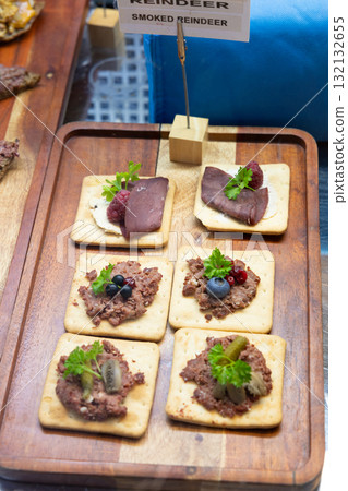 Reindeer canapés at a shop in Finland Reindeer canapés at a shop in Finland 132132655