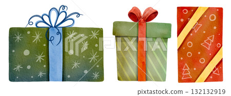 Festive set with gift boxes. Bright holiday presents. Watercolor illustration. Suitable for holiday decorations, printing, cards, and decor. 132132919