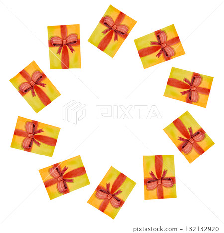 Festive round frame with gift boxes decorated with red ribbons. Watercolor illustration suitable for printing, cards, and decor. Festive round frame with gift boxes decorated with red ribbons. Watercolor illustration suitable for printing, cards, and decor. 132132920