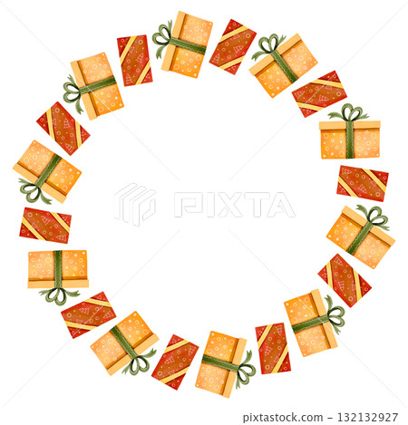 Festive round frame with yellow and red gift boxes. Watercolor illustration is perfect for prints, cards, and decor. Festive round frame with yellow and red gift boxes. Watercolor illustration is perfect for prints, cards, and decor. 132132927