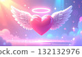 帶有天使光環和翅膀的心，閃閃發光的幻想背景 132132976