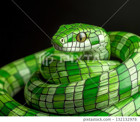 Green wooden snake coiled elegantly, symbolizing luck for Chinese New Year 2025 celebrations Green wooden snake coiled elegantly, symbolizing luck for Chinese New Year 2025 celebrations 132132978