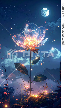 夢幻般的夜景,閃耀的水晶花和滿月,閃閃發光的光粒子 夢幻般的夜景,閃耀的水晶花和滿月,閃閃發光的光粒子 132133058