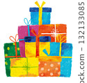 Illustrations of many presents drawn in crayon 132133085