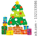 Cute Christmas tree and present illustrations in crayon style 132133086
