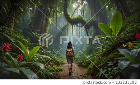 A backpacker walks along a path in a dense, mysterious tropical forest. Jungle adventure. A backpacker walks along a path in a dense, mysterious tropical forest. Jungle adventure. 132133198