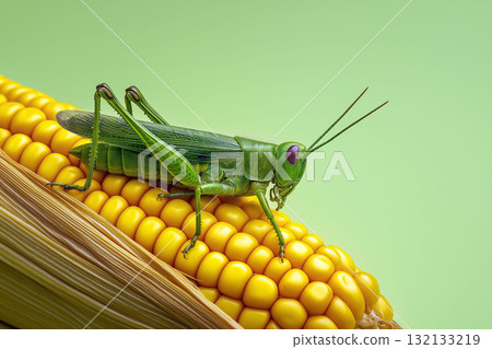 Bright green grasshopper sitting on a ripe yellow corn cob against a soft green background in close-up detail 132133219