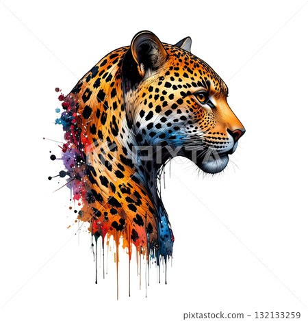 Sleek leopard profile portrait with a watercolor/paint splatter effect, bursting with orange, blue, and red. wild animal, Sleek leopard profile portrait with a watercolor/paint splatter effect, bursting with orange, blue, and red. wild animal, 132133259