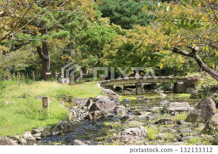 A view of the river and bridge flowing through Maruyama Park in Kyoto A view of the river and bridge flowing through Maruyama Park in Kyoto 132133312