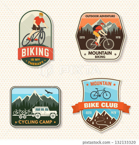 Set of Mountain biking patch, sticker. Vector illustration. Concept for shirt or logo, print, stamp or tee. Vintage typography design with man riding bike and mountain silhouette. 132133320