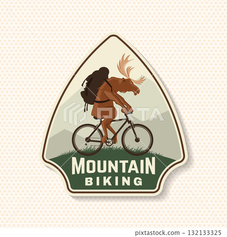 Mountain biking patch, sticker. Vector illustration. Concept for head badges, shirt, print, stamp or biking tourism. Vintage typography design with deer rides a mountain bike 132133325