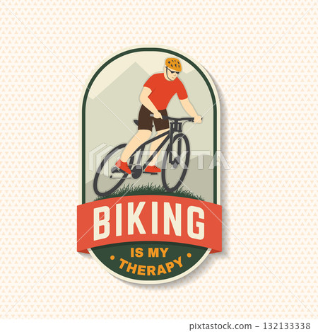 Mountain biking patch, sticker. Vector illustration. Concept for shirt or logo, print, stamp or tee. Vintage typography design with man riding bike and forest Mountain biking patch, sticker. Vector illustration. Concept for shirt or logo, print, stamp or tee. Vintage typography design with man riding bike and forest 132133338