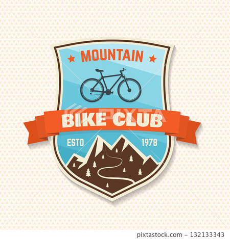 Mountain bike club patch, sticker. Vector illustration. Concept for shirt or logo, print, stamp or tee. Vintage typography design with bike and mountain silhouette. Mountain bike club patch, sticker. Vector illustration. Concept for shirt or logo, print, stamp or tee. Vintage typography design with bike and mountain silhouette. 132133343
