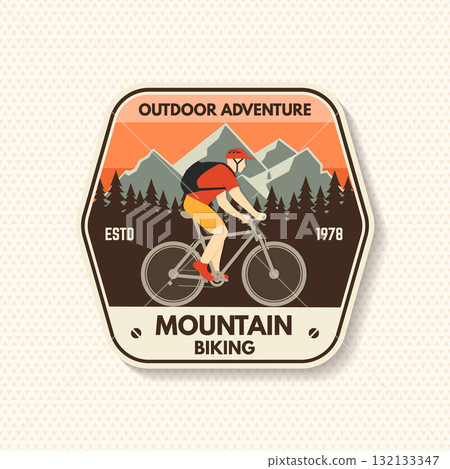 Mountain biking patch, sticker. Vector. Concept for shirt or logo, print, stamp or tee. Vintage typography design with man riding bike and mountain silhouette Mountain biking patch, sticker. Vector. Concept for shirt or logo, print, stamp or tee. Vintage typography design with man riding bike and mountain silhouette 132133347