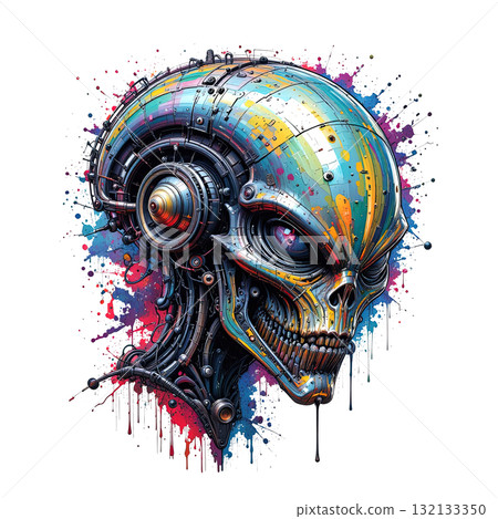 Futuristic cyborg alien head, highly detailed with mechanical parts and vibrant, colorful paint splatter effects. 132133350