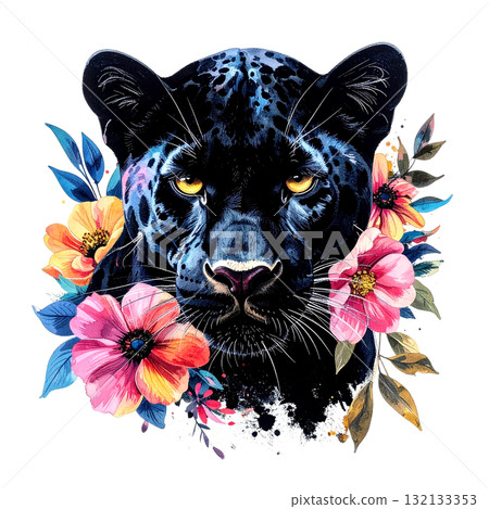 Mysterious black panther portrait with piercing yellow eyes, elegantly framed by soft, colorful watercolor flowers and foliage. wild animal. 132133353