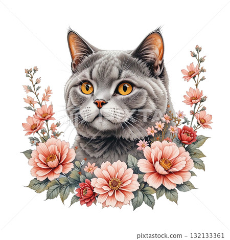 Realistic gray cat with intense orange eyes, gently framed by a delicate wreath of soft, realistic pink and white flowers. Pet. 132133361