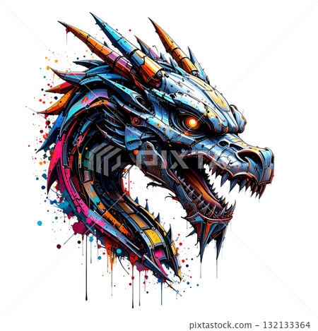 Intense cyborg dragon head, a mechanical monster with metal plating and a powerful splash of hot, vibrant colors. Intense cyborg dragon head, a mechanical monster with metal plating and a powerful splash of hot, vibrant colors. 132133364
