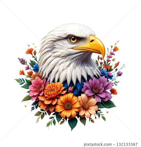 Majestic Bald Eagle head with realistic feathers and a yellow beak, surrounded by a lush wreath of vibrant, colorful flowers. Majestic Bald Eagle head with realistic feathers and a yellow beak, surrounded by a lush wreath of vibrant, colorful flowers. 132133367