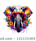 Vibrant elephant portrait with neon paint splatter effects, wearing cool sunglasses and surrounded by tropical flowers. 132133369