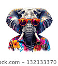 Vibrant elephant portrait with neon paint splatter effects, wearing cool sunglasses and surrounded by tropical flowers. 132133370